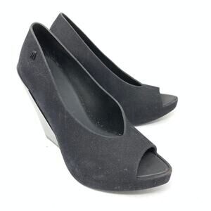 Melissa Women's Size 6 Faux Leather Heel Pump Peep Toe Black Gray *READ